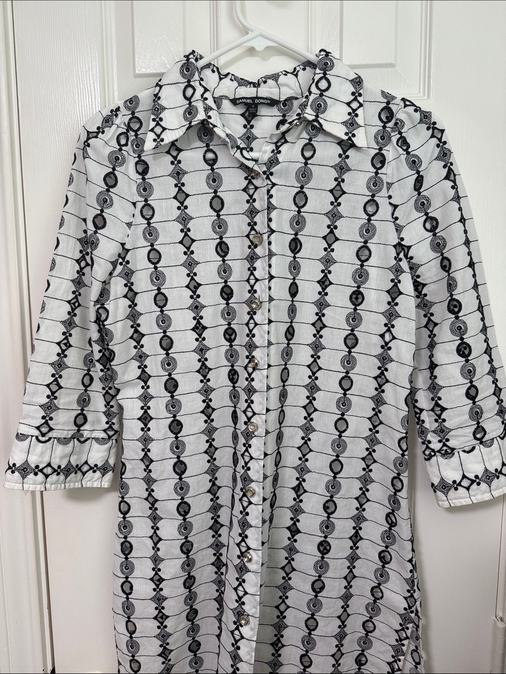 Samuel Dong White and Black Geometric Button-Down Shirt
